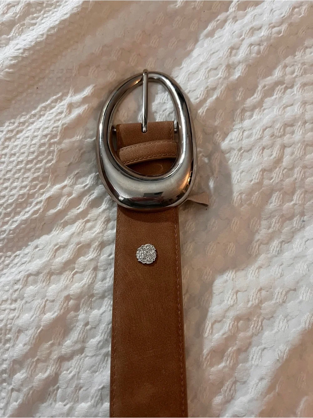 Vince Camuto Tan Suede Belt with Silver Oval Buckle